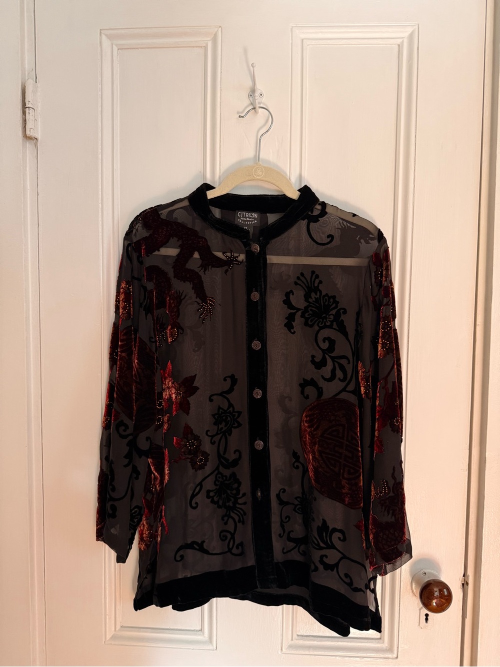Citron Santa Monica Silk Velvet Burnout Blouse XL Dragon Mandarin 70% Silk